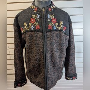 Icelandic Design | Wool Zip Front Lined Cardigan w/ Embroidered Yoke Size XL EUC